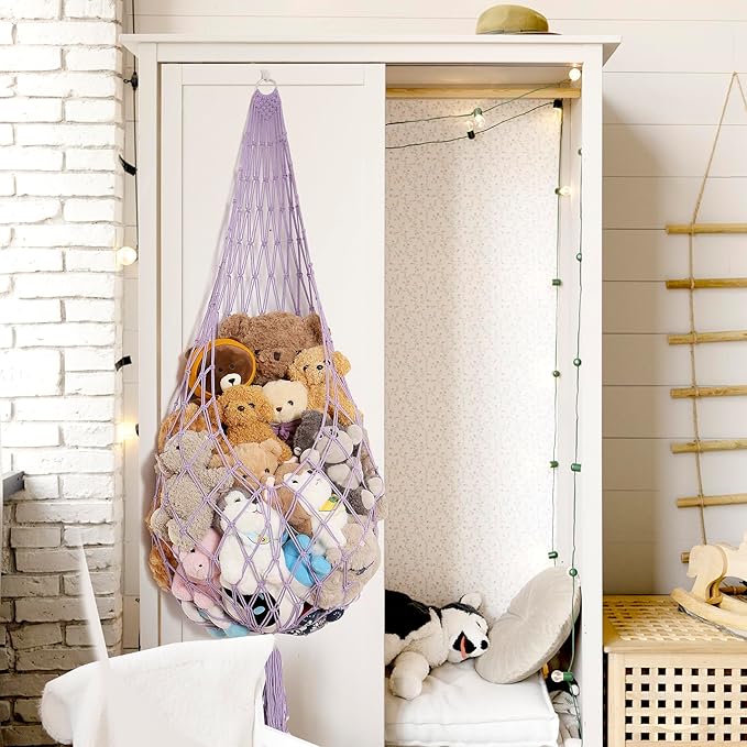 Upgrade Stuffed Animal Hammock Corner or Wall Hanging Net for Stuffy Animal Storage Macrame Toy Display Over Door Toy Holder Kid Bedroom Decor Playroom Organizer (Purple)