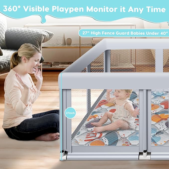 Fshibila 74" ×50" Large Baby Playpen, Baby Playard for Babies and Toddlers, Play Pens for Indoor & Outdoor, Sturdy Safety Play Yard with Soft Breathable Mesh, Anti-Fall, Grey (with MAT)