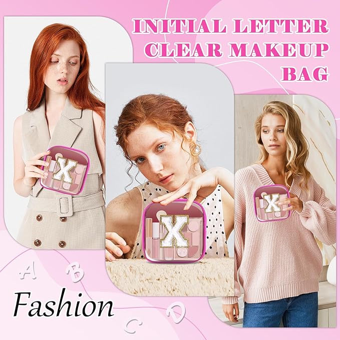 Personalized Initial Letter Clear Preppy Makeup Bag,Mini Nylon Chenille Letter Cosmetic Bag Cute Zipper Pouch Coin Purse for Teen Girls,Portable TSA Approved Travel Essentials Bag Gift for Women,X