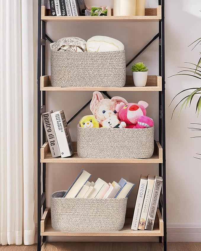 Feagar Storage Basket - Shelf Baskets for Organizing, Woven Cotton Rope Baskets for Gifts Empty with Handles, 13 x 8.7 x 5.1'' Small Toy Basket for Closet, Shelves, Bathroom, Home, 3 Packs Brown