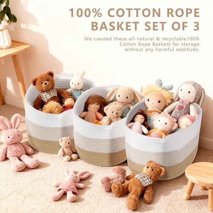 AOFANGSHIYE Cotton Rope Braid Storage Basket for Baby Carrier Toy Storage Bag Gift Basket for Kids Laundry Basket Baby Blanket Storage Measures 15x10x10 inches. (Khaki White)