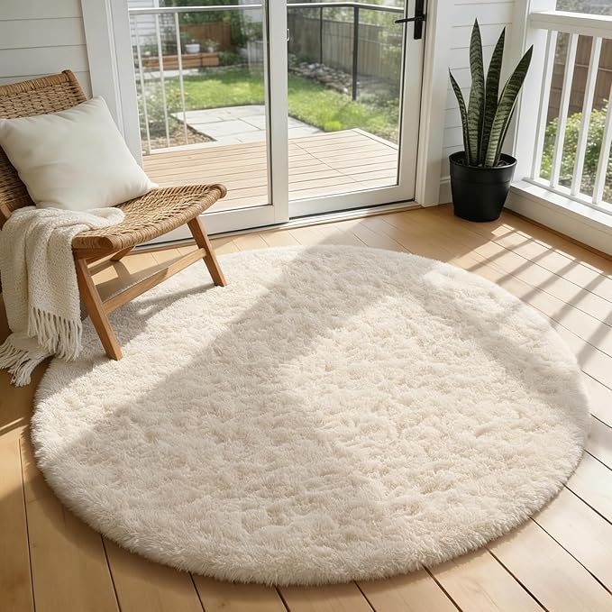Ophanie Round Rugs 3Ft Ivory Circle Area Rug,Christmas Room Decor, Aesthetic Nursery Bedroom Carpet, Fluffy Fuzzy Plush Soft Shaggy Cream Living Room Rugs for Kids Boys Girls Teen Baby Home, Dorm