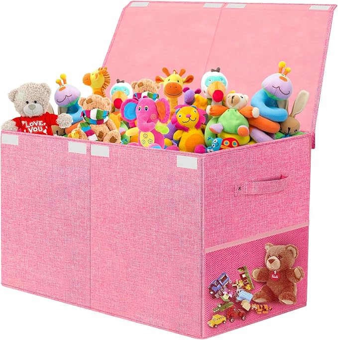 Fineonly Large Toy Storage Box with Lid Upgraded Toy Chest Organizer with Removable PP Divider Foldable Toy Bin for Kids Boys Girls Linen Fabric Toy Box for Playroom Nursery Bedroom (25"x13"x16")
