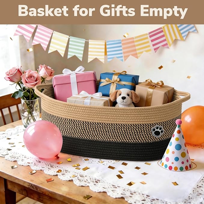 Large Dog Toy Basket, 19.7" X 11" X 7.9" Woven Rope Basket with Handles, Cat Dog Toy Storage Box for Living Room, Gift Baskets for Baby Shower, Black-Brown