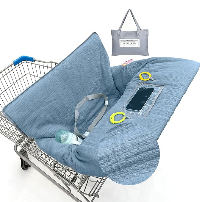 Muslin Shopping Cart Cover for Baby Soft & Breathable High Chair Covers for Restaurant Seat Grocery Cart Cover with Storage Pocket Machine Washable for Infant Toddler Boy Girl, Dusty Blue