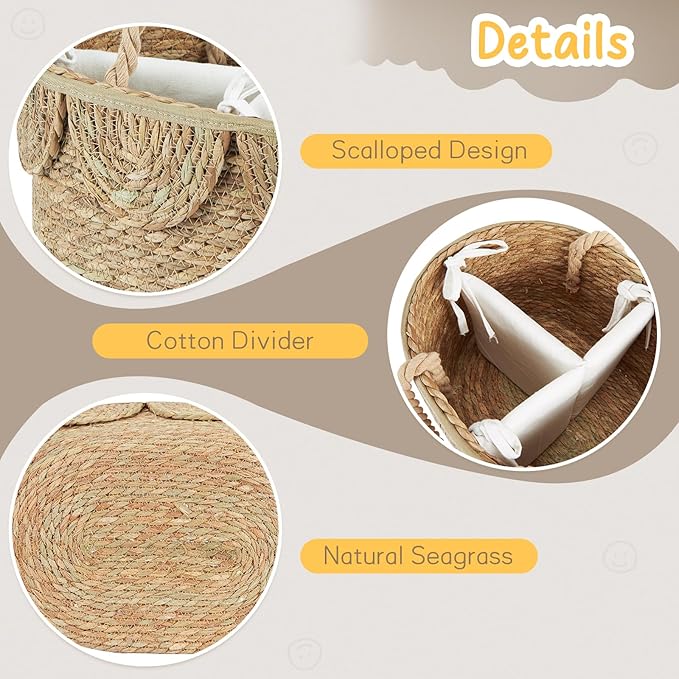 FairyHaus Diaper Caddy Organizer, Portable Natural Wicker Diaper Caddy with Rope Handles and Cotton Divider, Handwoven Seagrass Diaper Caddy Basket with Scalloped Edge for Nursery Picnic