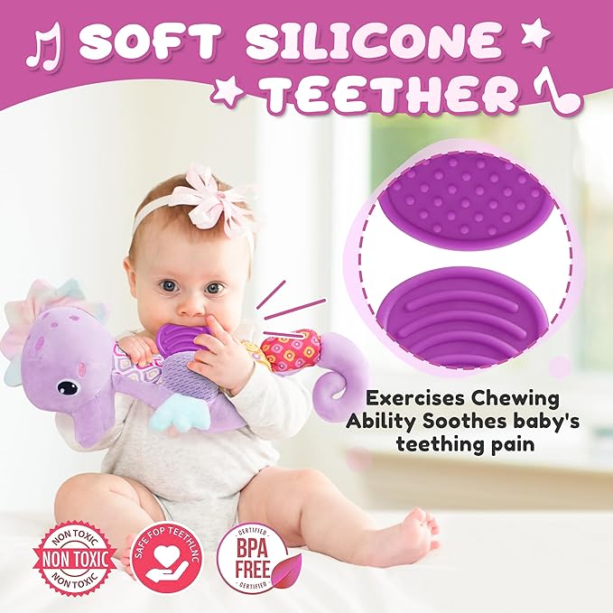 AWOTOY Baby Toys 0-6-12 Months,Musical Stuffed Animals Activity Soft Infant Toys with Multi-Sensory Crinkle, Rattle and Textures,Boys Newborn Baby Girl Toys, Seahorse, Purple