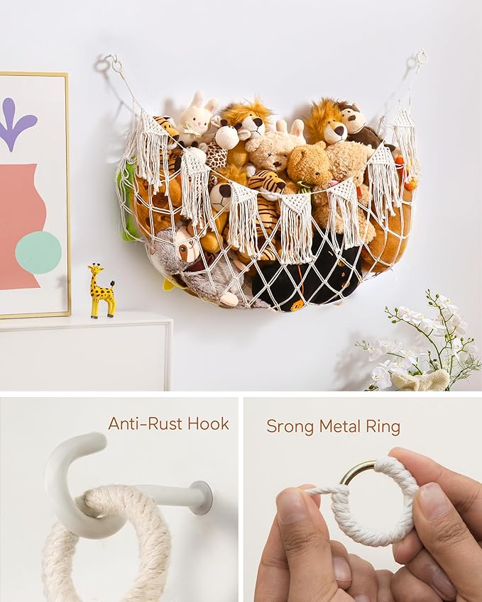 Boho Macrame Stuffed Animal Hammock with LED Lights, Wall Corner Hanging Plushie Net, Large Toy Organizer for Kids Bedroom Nursery Playroom & Dorm (White XL)