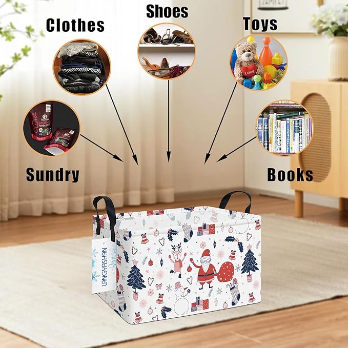LANGYASHAN Rectangular Christmas Santa Claus Storage Basket with Handles for Organizing Home Kitchen Boys and Girls Toys Office Closet Shelf Baskets (Rec Santa Claus)