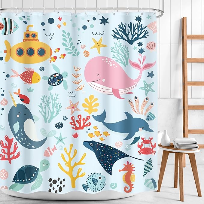 Blue Kids Shower Curtain 60Wx72H Kid Ocean Whale Funny Summer Cartoon Cute Fish Sea Animal Boy Girl Nursery Bathroom Decor Underwater Submarine Coastal Bath Curtain Polyester 12 Pack Hooks