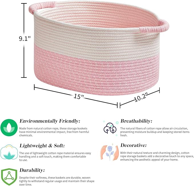 R RUNKA Storage Baskets for Organizing | 15"x10.2"x9.1" - 1 Pack Nursery Bin with Handles - Woven Cotton Rope Baskets for Dog Toys, Books, Shelf, Bathroom,Closet -Pink Basket for Girls