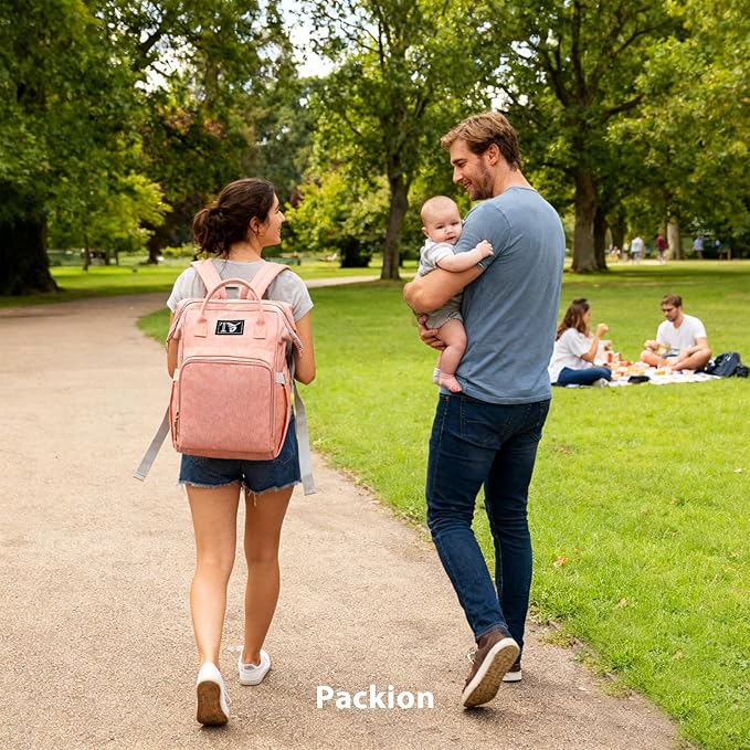 Packino Diaper Bag Backpack for Women - Multifunction Travel Essentials Baby Diaper Bag with Changing Pad, Large Backpack Baby Girl Boy, Insulated Bottle Holders & Stroller Straps (Pink+Orange)