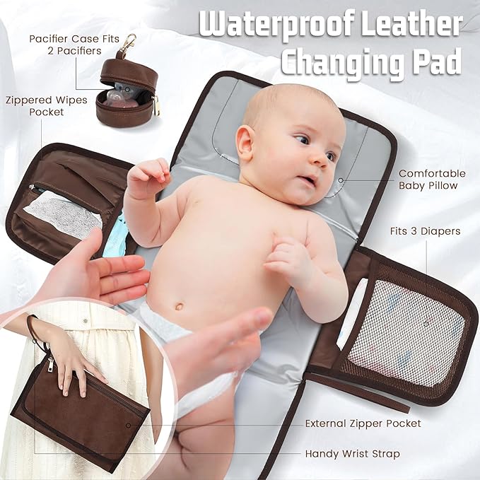 ROSEGIN Premium Vegan Leather Diaper Bag Backpack with Waterproof Changing Pad – Reinforced Stitching & Zippers, Baby Bag for Boy Girl, Stroller Straps, Fits 15.6" Laptop for Work Moms, Dark Brown