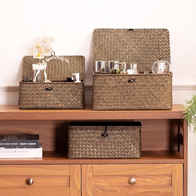 Nonam Storage Basket with Lid, Natural Seagrass Bin with Lid Set of 2, Shelf Baskets Multipurpose Container for Boho Decoration, Rectangular Household Storage Boxes for Home Organization-Coffee