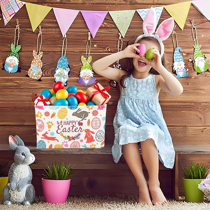 ASKETAM Easter Basket for Kid Large Empty Rectangular Cute Easter Gift Storage Basket Bunny Eggs Décor (Rabbit Bohemia)