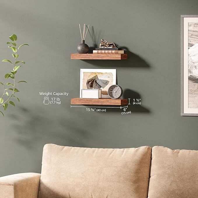 Ballucci Floating Shelves, 16" Wood Wall Shelf Set of 2, with Invisible Brackets for Bathroom, Living Room, Bedroom, Kitchen, Nursery, 6" Deep, Rustic Brown