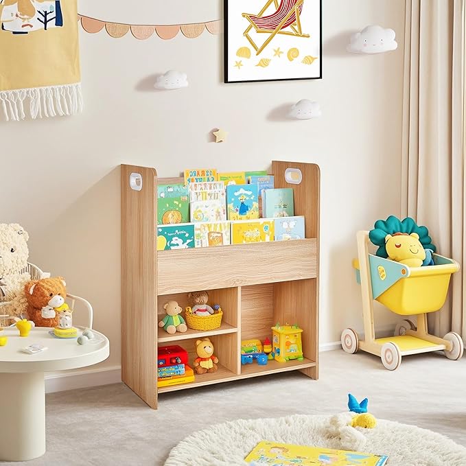 VECELO Kids Bookshelf with Toy Storage - Wooden Nursery Organizer for Books & Toys, Easy Assembly Playroom Shelf (Teak)