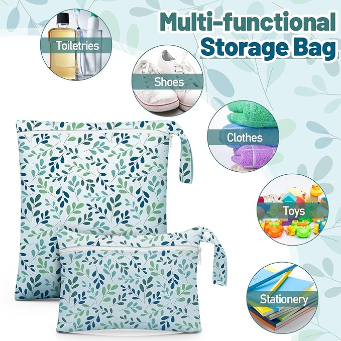 Reginary 8 Pack Wet Dry Bags Waterproof Reusable Travel Zipper Pouch for Baby Cloth Diapers, Swimsuits, Wet Clothes, Toiletries, Beach, Pool, Yoga Gym Bag, 2 Sizes (Leaf Style)