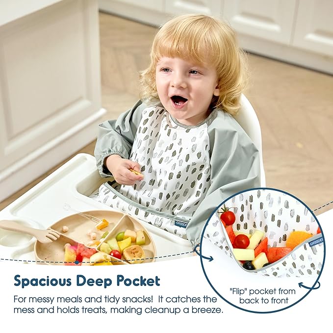 GRSSDER 2 Pack Long Sleeve Baby Feeding Bibs, Super Soft Lightweight Waterproof Coverall Baby Led Weaning Bib with Large Food Catcher Pocket, Adjustable and Easy Clean for 6-30 Months
