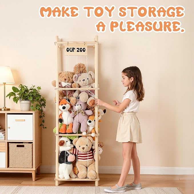 LAMU Stuffed Animal Storage, Wooden Zoo Stuffed Animal Holder with Elastic Cords, Space Save Toy Organizer, Extra Large Capacity Stuffed Animal Organizer for Playroom, Bedroom, Nursery
