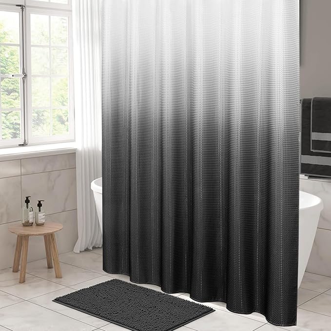 MitoVilla Black White Shower Curtain 72 x 78, Long Waffle Fabric Shower Curtains for Modern Luxury Bathroom Decor, Heavy Duty Hotel Cloth Shower Curtains 78 inch Long, Black Ombre