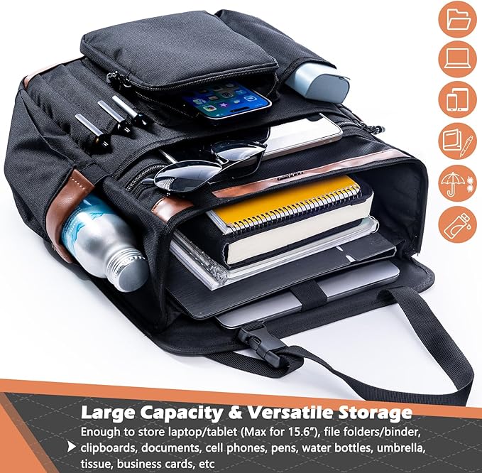 SPORJET Car Seat Organizer with Laptop Compartment (Fits 15.6"), Front & Backseat Passenger Organizer with Adjustable Strap, Multiple Pockets, Portable Office Bag, Water-Resistant 1200D Polyester