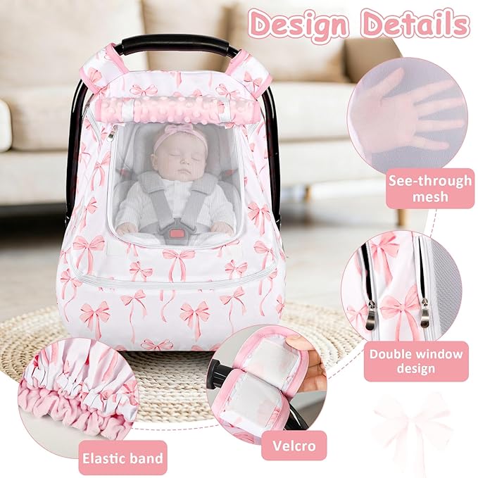 Baby Car Seat Cover with Mesh Window, Windproof Carseat Cover for Infant Girls, Infant Carseat Canopy with with Dual Zipper, Compatible with Most Baby Car Seat, Pink Bow
