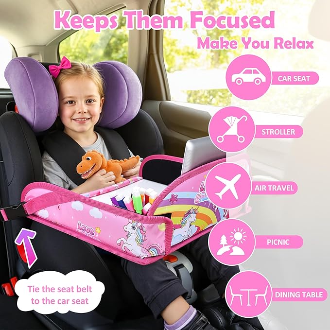 Kids Travel Tray for Toddler Carseat, Road Trip Activities Essentials, Kids Lap Desk Tray with Tablet Holder Stand and Dry Erase Board, Pink Unicorn