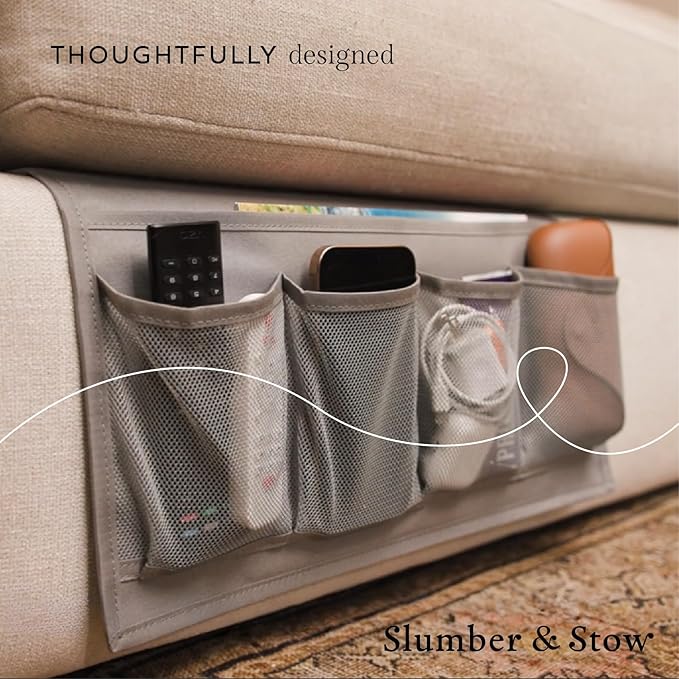 Slumber & Stow Hanging Bedside Caddy - 5 Pocket Bed Caddy Organizer for Tablets, Magazines, Phone, Glasses, Remotes & More - Ideal Storage For Dorm, Bedroom & Living Areas - 10"x17.3"