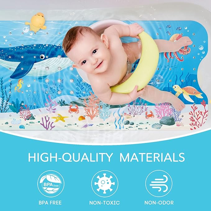 SHUCHING Baby Bath Mat for Tub Non Slip-40 X 16 Inch, Bathtub Mat Non Slip for Kids, Toddler Long Shower Mat for Bathroom, Whale