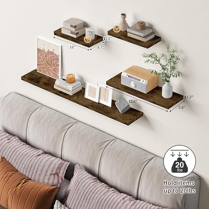 Forbena Rustic Wood Floating Shelves for Wall Set of 3, 24 Inches Long Wooden Hanging Shelves for Bedroom Books, Large Wall Mounted Shelves for Kitchen, Living Room, Closet Storage(Dark Brown)