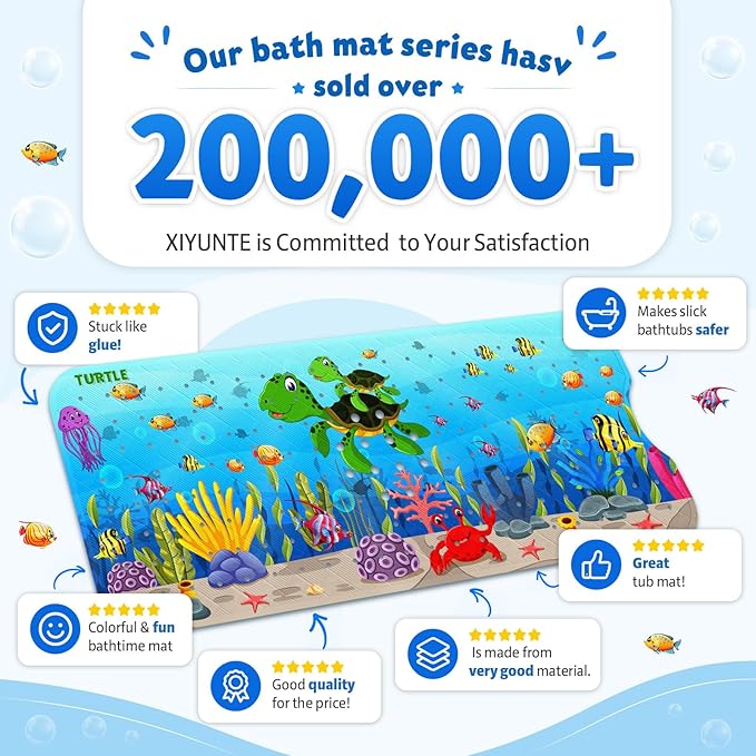 XIYUNTE Baby Bath Mat for Tub Non Slip Kids Bath Mat - 40''x16'' Extra Long Cartoon Bathtub Mat Non Slip Kids Shower Mat Eco-Friendly Toddler Bath Mats with Suction Cups, Machine Washable, Sea Turtle