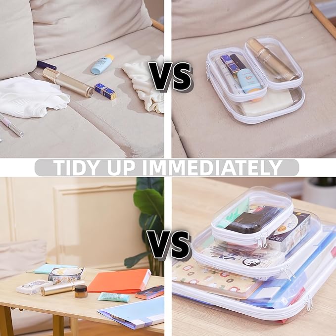 3PCS Clear Hard Plastic Zipper Case, Double Zippers Hard Pouch, Portable Travel Organizer Bin Clear Makeup Bag for Toy Storage, Snack Bag,Cosmetics, Diaper Bag,Toiletry Bag (3PCS-M-Mixed)