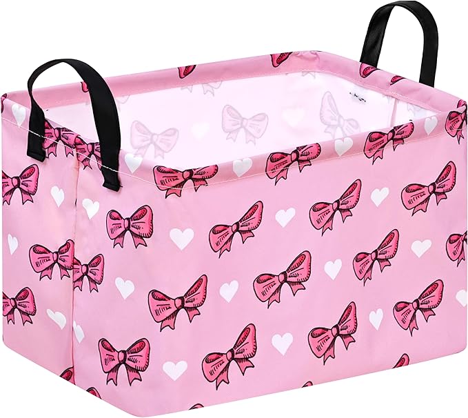 DUYIY Rectangle Pink Bowknot Gift Storage Basket Home Shelf Storage Basket Organizer Box Clothes Laundry Hamper Nursery Basket Laundry Basket with Handles