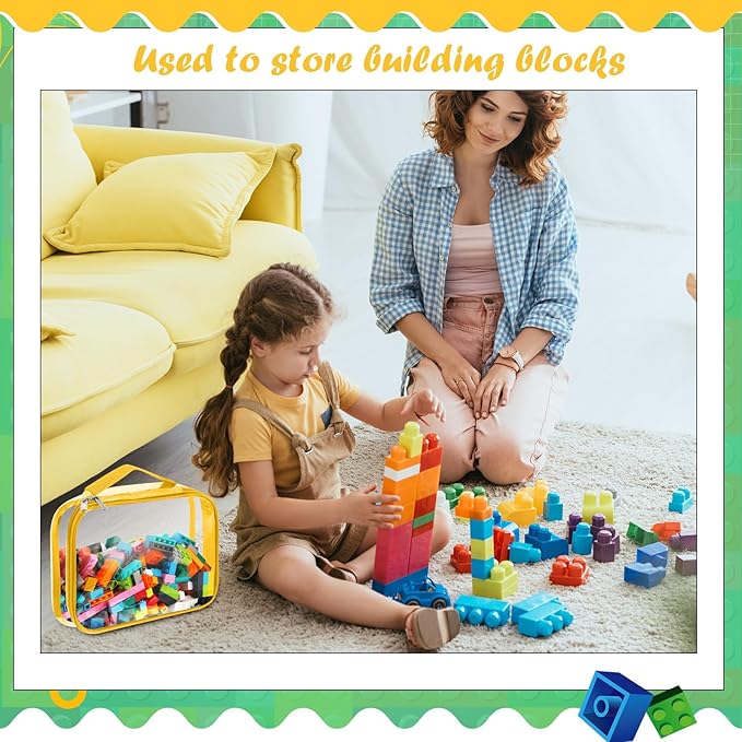 Sanwuta 3 Packs Toy Storage Bags with Zipper, Clear PVC Organizing Waterproof Toy Bags for Board Games, Building Blocks, and Kids Books(12.6 x 9 x 2.36 Inch,Blue, Yellow, Green)
