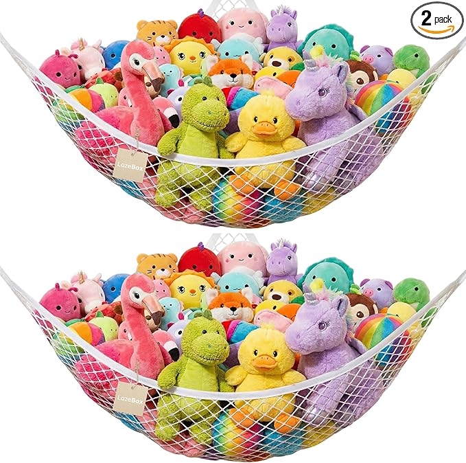 Lazebox Stuffed Animal Net Hammock for Plushie Toys, Stuffed Animal Hammock Corner for Kids' Room Decor, Ideas for Organizing Stuffy Collection, White, L (67" x 40" x 40")-Pack of 2