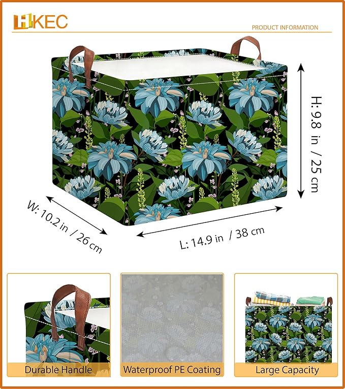 HKEC Rectangle Storage Basket with Handles,Collapsible Storage Bin,Books Box,Gift Basket(Blue Flower)
