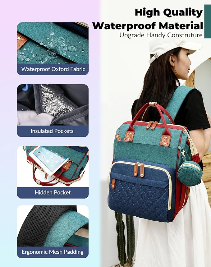 Lamroro Diaper Bag with Changing Station, Waterproof 3 in 1 Diaper Backpack with Foldable Changing Pad, Baby Registry Search &Baby Shower Gifts - Newborn Essentials, Red-Green-Blue