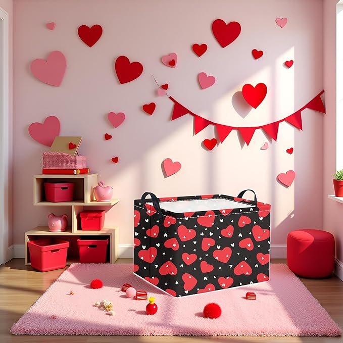 HIYAGON Rectangular Valentines Basket Fabric Storage Bin Storage Boxes Collapsible Storage Basket for Clothes Books Shelves Basket(Black Red Heart)