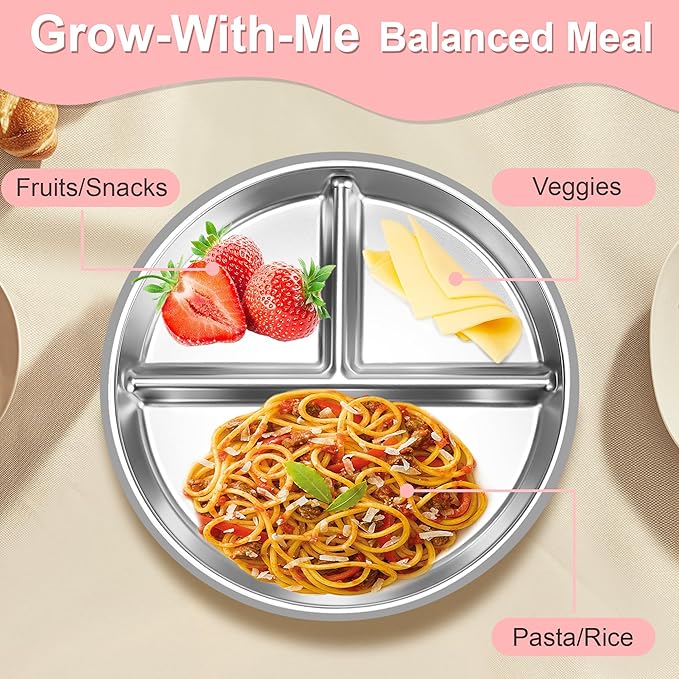 Bella's Friends Stainless Steel Toddler Plates Silicone Suction,3 Packs Non-Slip Baby Plates,Divided Portion,Food-Grade Silicone Plate for Kids,LEAD-FREE Dishwasher Safe, Green Blue Pink