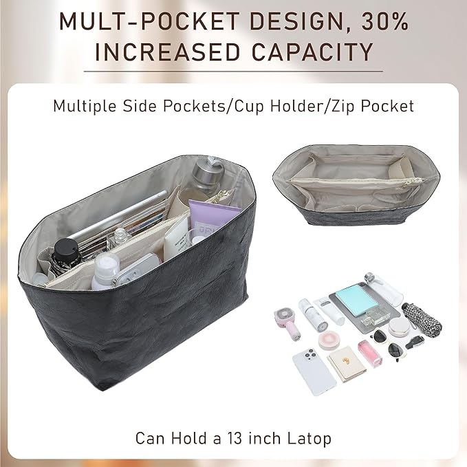 Doxo Long Champ Organizer Insert, Bag Organizer for Medium longchamp/G.oyard PM/Speedy 30/Neverfull MM and More, Light Waterproof DupontPaper le pliage Medium Organizer 6 Pockets, Black-white/M