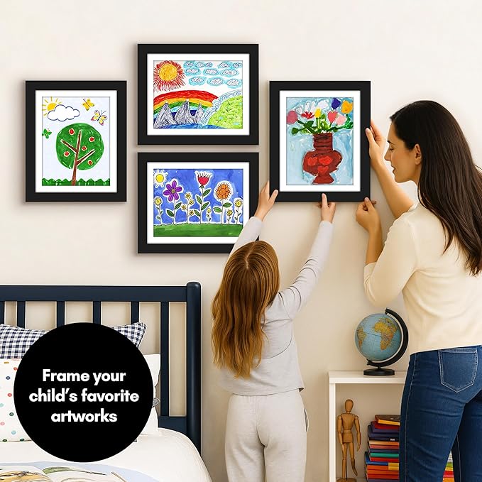 Americanflat - 4 Pack - Kids Artwork Frame Changeable (Black) - Magnetic Door Holds 100 Art Pieces - 8.5x11 Letter Size Display with Mat or 10x12.5 Without Mat - My Mini Masterpiece