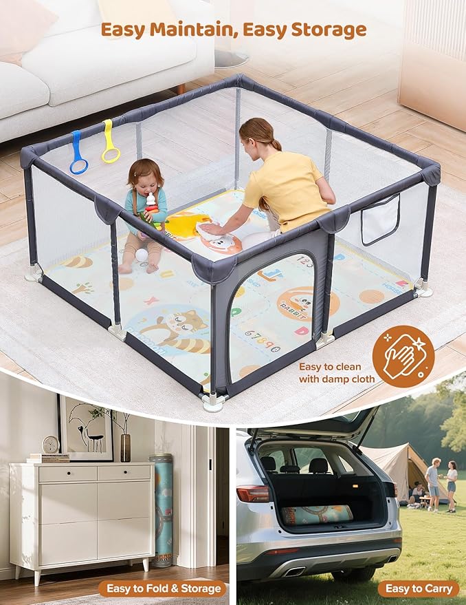 Dripex Baby Playpen with Mat, 47"x47" Play Pen for Toddlers 1-3 Years, Soft Breathable Visible Mesh, Indoor/Outdoor Portable Play Yard with Mat, Safe Baby Fence Play Area, Grey