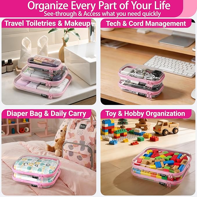 3 Pack Hard Sided Clear Zipper Case for Storage- Thickened-Grade Clear Hard Shell Zipper Case for Organizing Bead, Handicrafts, Sewing, Toiletries, Makeup (Pink)
