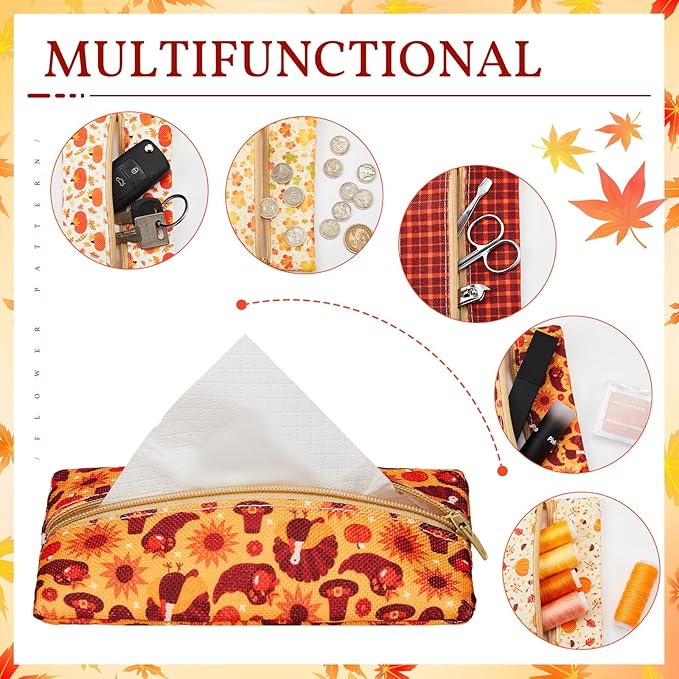 Sherr 5 Pieces Tissues Purse Pocket Tissue Holder Reusable Travel Tissue Pouch Fabric Zipper Enclosed Small Size Leaves Pattern Tissue Holder for Purse Coins for Fall, 5.25 x 3 Inches (Autumn Style)