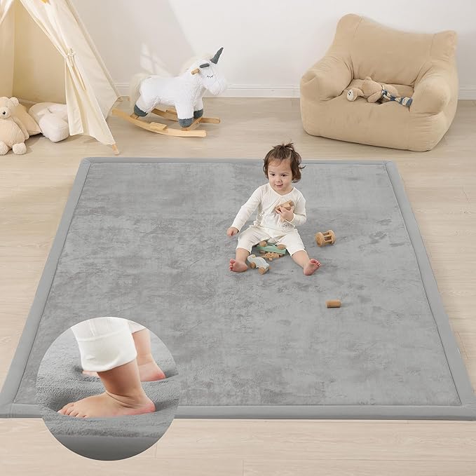 1.3" Thick Foam Baby Play Mat Extra Large 79x158, Basic Padded Plush Tummy Time Crawling Mat, Non-Slip Support Area Rug for Playroom Nursey Living Room (Light Grey)