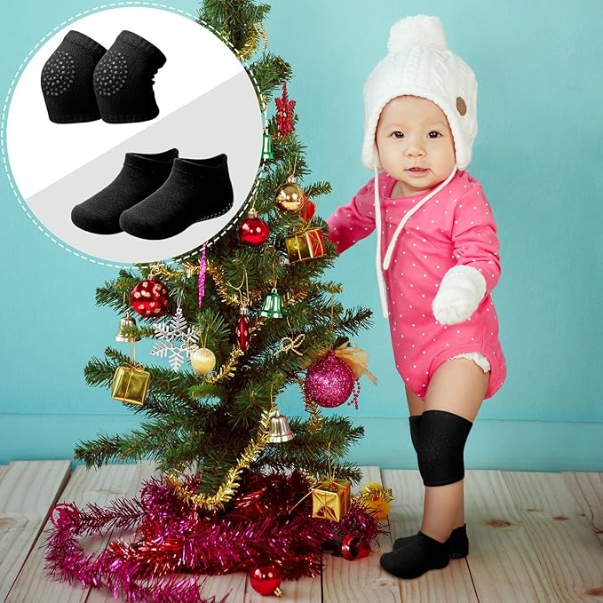 10 Pairs Baby Crawling Anti Slip Knee Pads and Anti Slip Baby Socks Set Unisex Toddler Knee Protectors Non Slip Ankle Socks