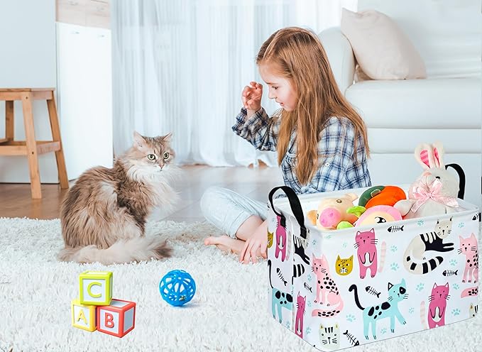 DUYIY Rectangle Gift Storage Basket Home Shelf Storage Basket Organizer Box Clothes Laundry Hamper Nursery Basket Laundry Basket with Handles (Cat)
