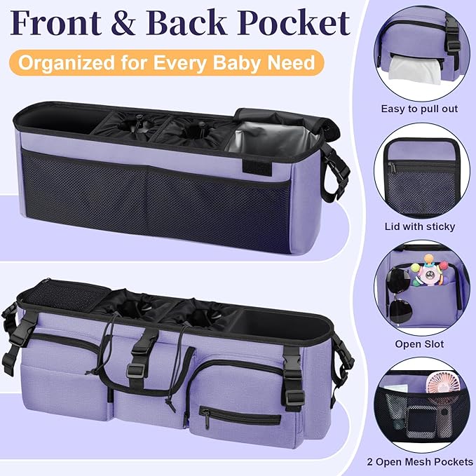 Double Stroller Organizer Compatible with Bob Duallie and Baby Jogger City Mini GT2, Double Baby Stroller Accessories with Cooler Bag, Parent Console Double Jogging Stroller Caddy, Purple