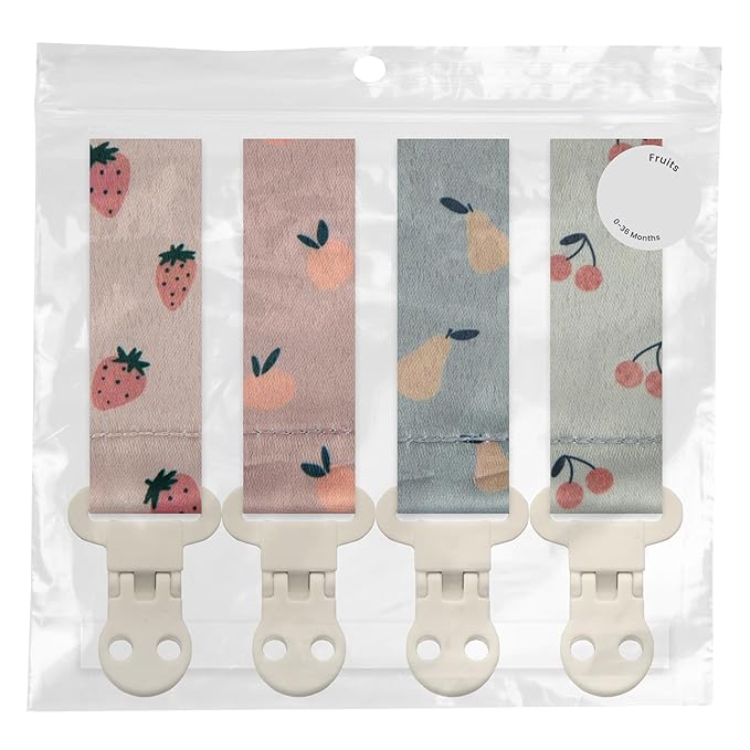 Stadela Baby Pacifier Clip Holder - Girl or Boy Unisex 4 Pack Gift Set – Summer Peaches Strawberies Cherries Pears (Fruits)